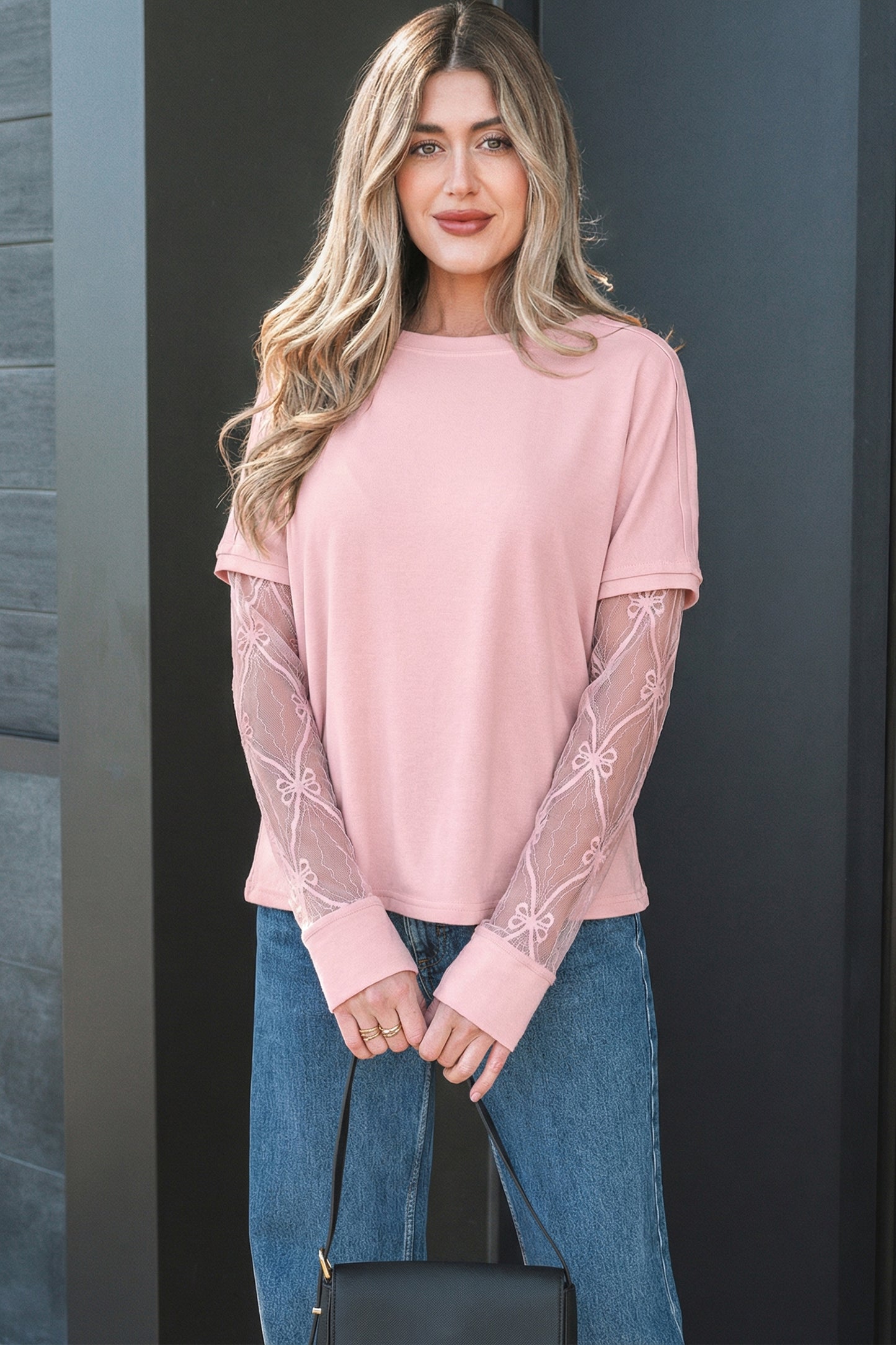Bow Mesh Patchwork Long Sleeve Tee