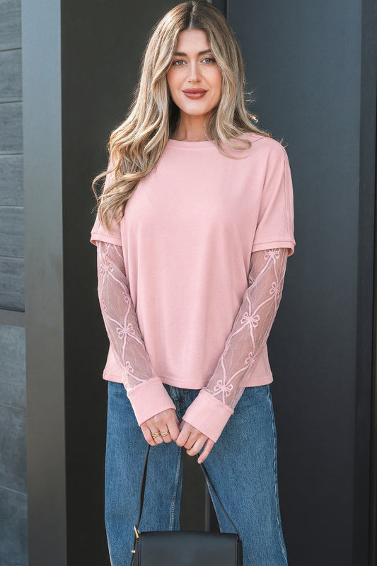 Bow Mesh Patchwork Long Sleeve Tee