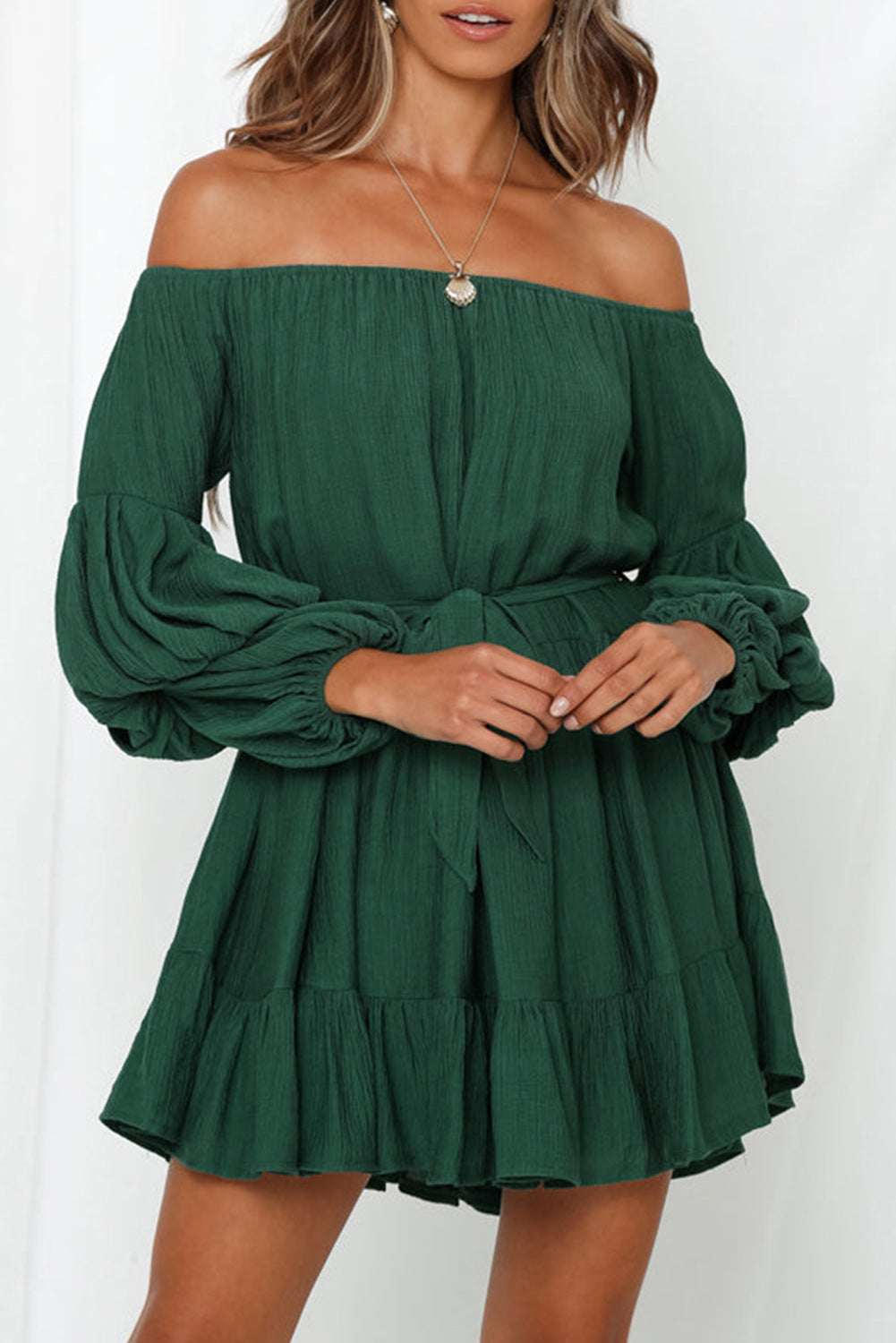 Crinkle Off-Shoulder Bubble Sleeve Dress