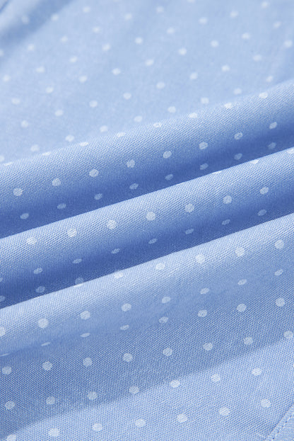 Dotted Denim Lace Trim Collared V-Neck Blouse