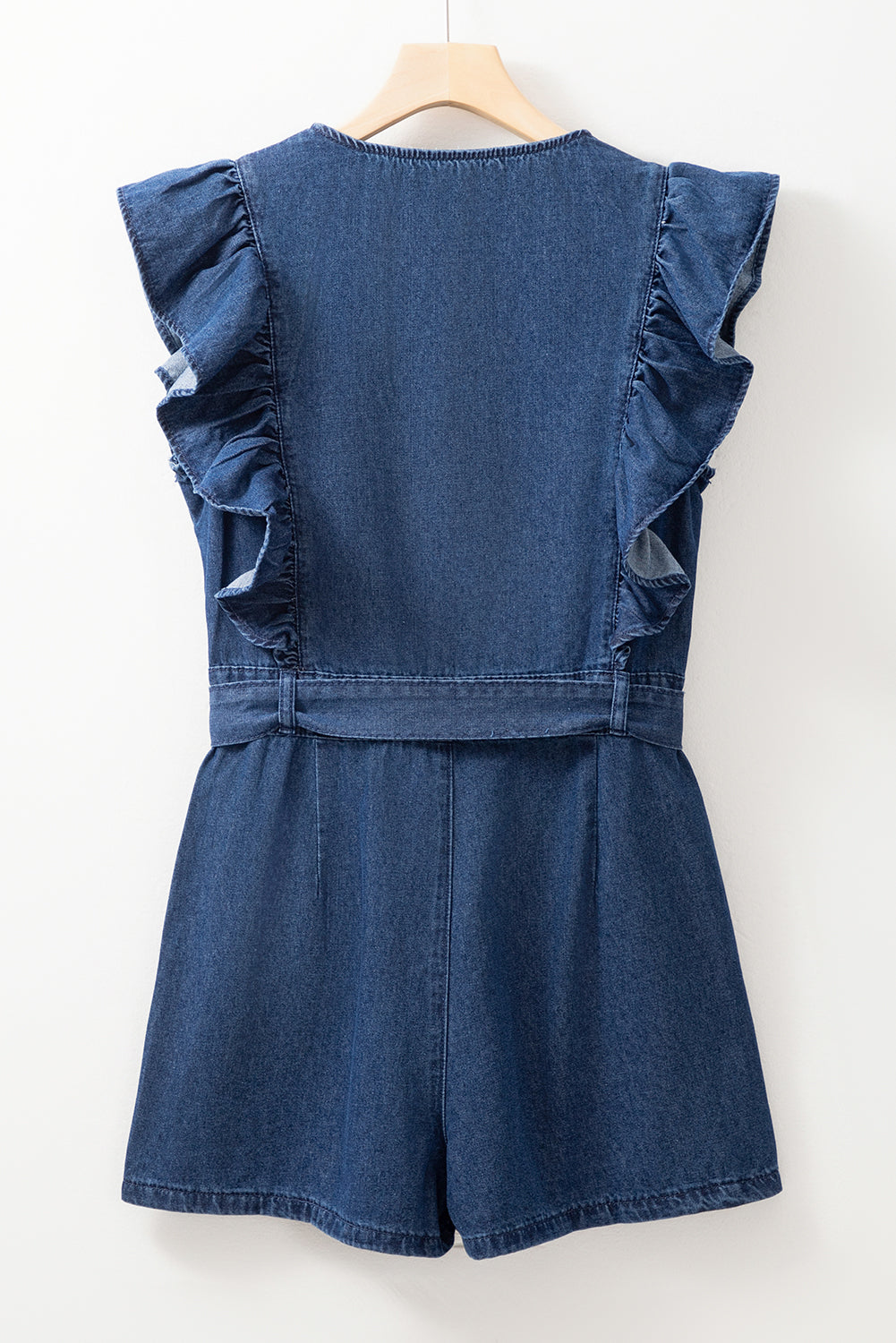 Denim Ruffle Sleeve Zip Front Belted Romper