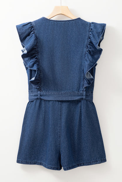 Denim Ruffle Sleeve Zip Front Belted Romper