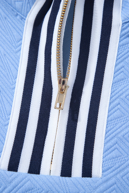 Stripe Trim Split Neck Puff Sleeve Textured Top