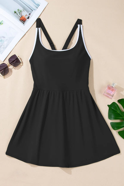 Contrast Trim Ruffle High Waist Swim Dress