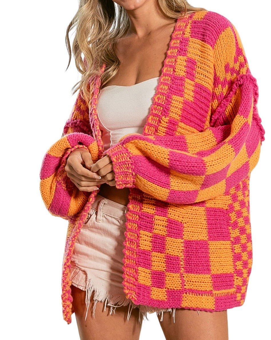 Checker Open Front Knit Cardigan