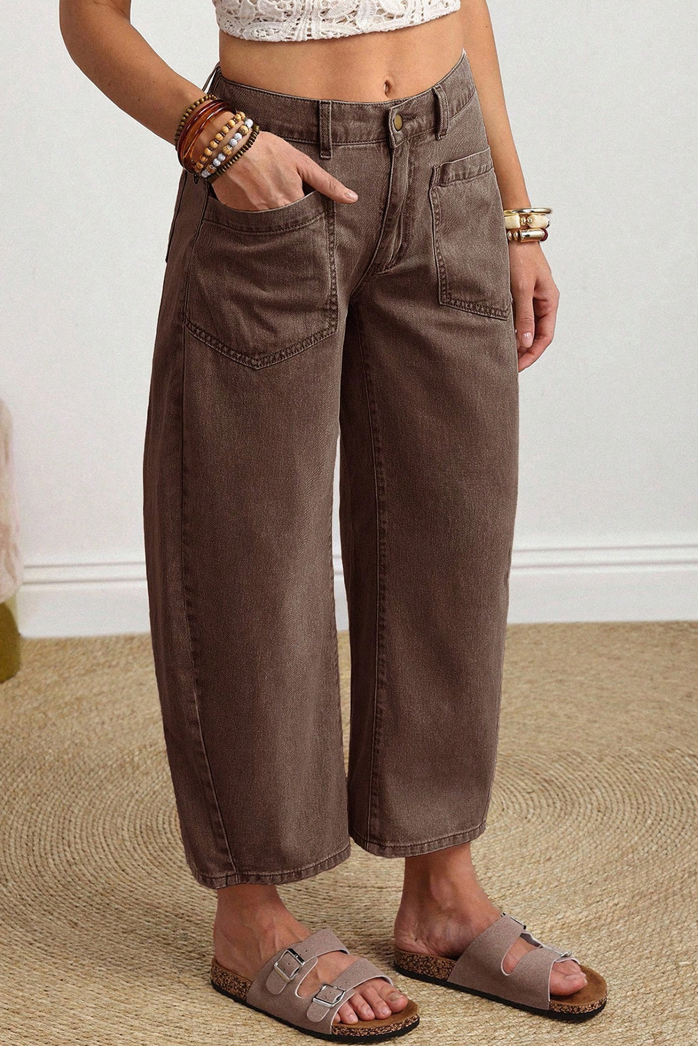 Solid Denim Patch Pocket Barrel Leg Jeans