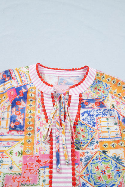 Boho Patchwork Tied V-Neck Short Sleeve Blouse