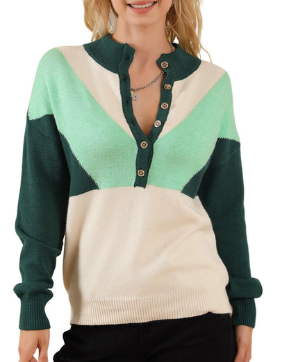 Colorblock Button V Neck Sweater