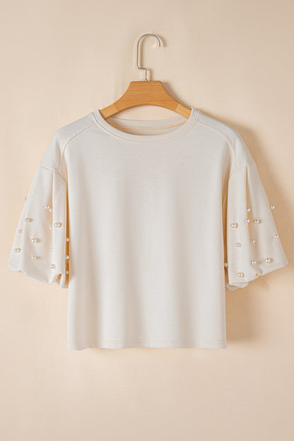 Pearl Puff Sleeve Round Neck Top