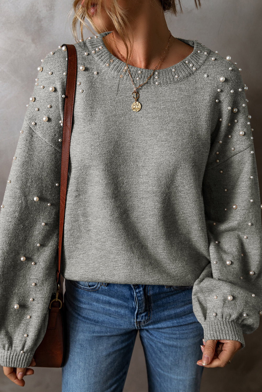 Pearl Beaded Drop Shoulder Sweater