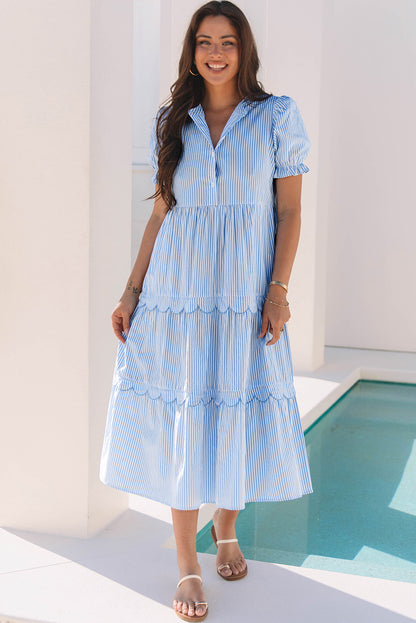 Stripe Bubble Short Sleeve Tiered Scallop Dress