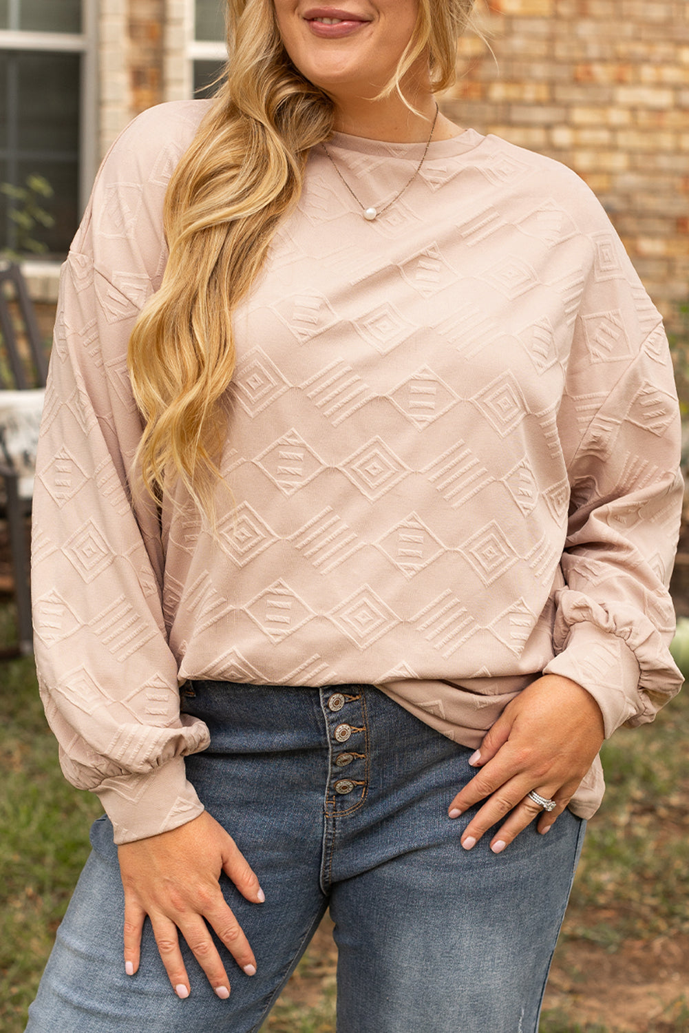 Plus Size Geometric Textured Crewneck Sweatshirt