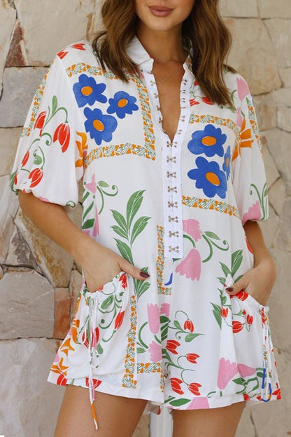 Floral Pocketed Shirt Collar Romper