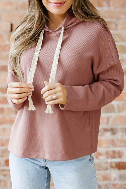 Ribbed Knit Leopard & Lace Drawstring Hoodie