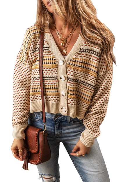 Buttoned V-Neck Cropped Cardigan