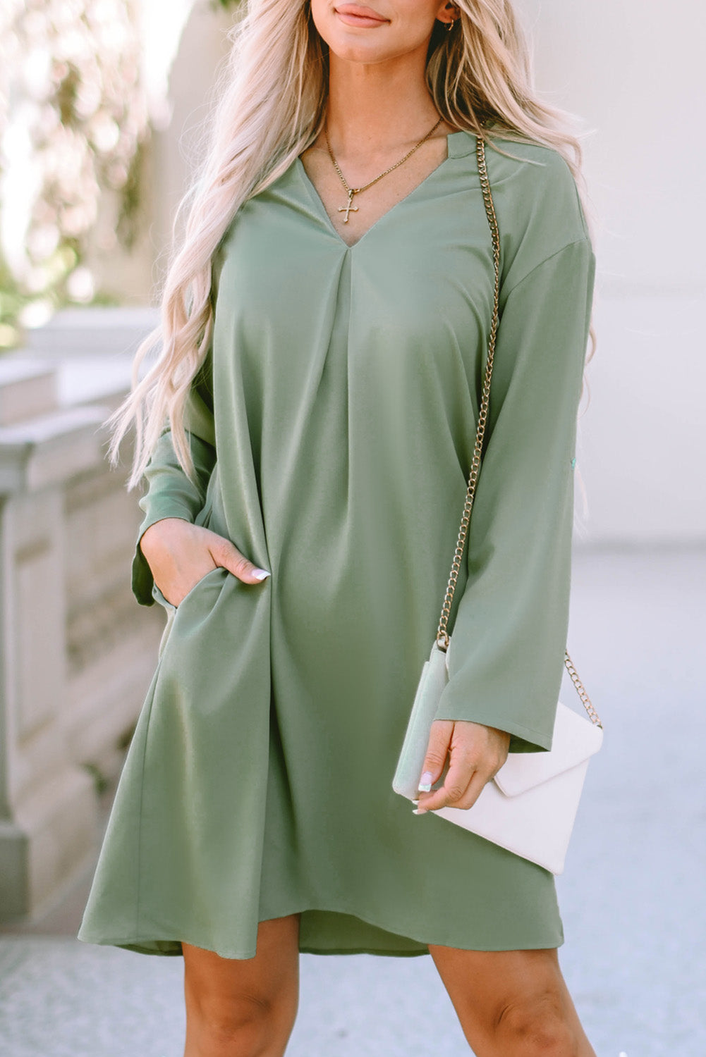 Rolled Tab Sleeve V-Neck Dress