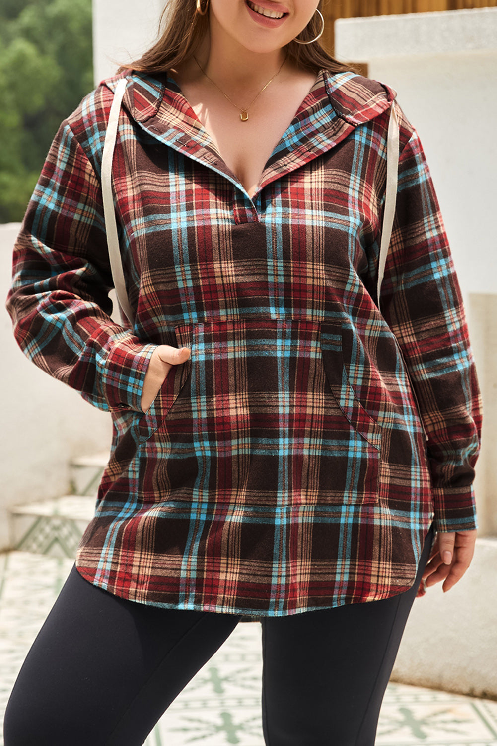 Plus Size Plaid Half Buttoned Hoodie