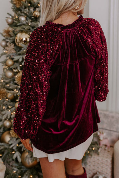 Sequin Velvet Buttoned V-Neck Top