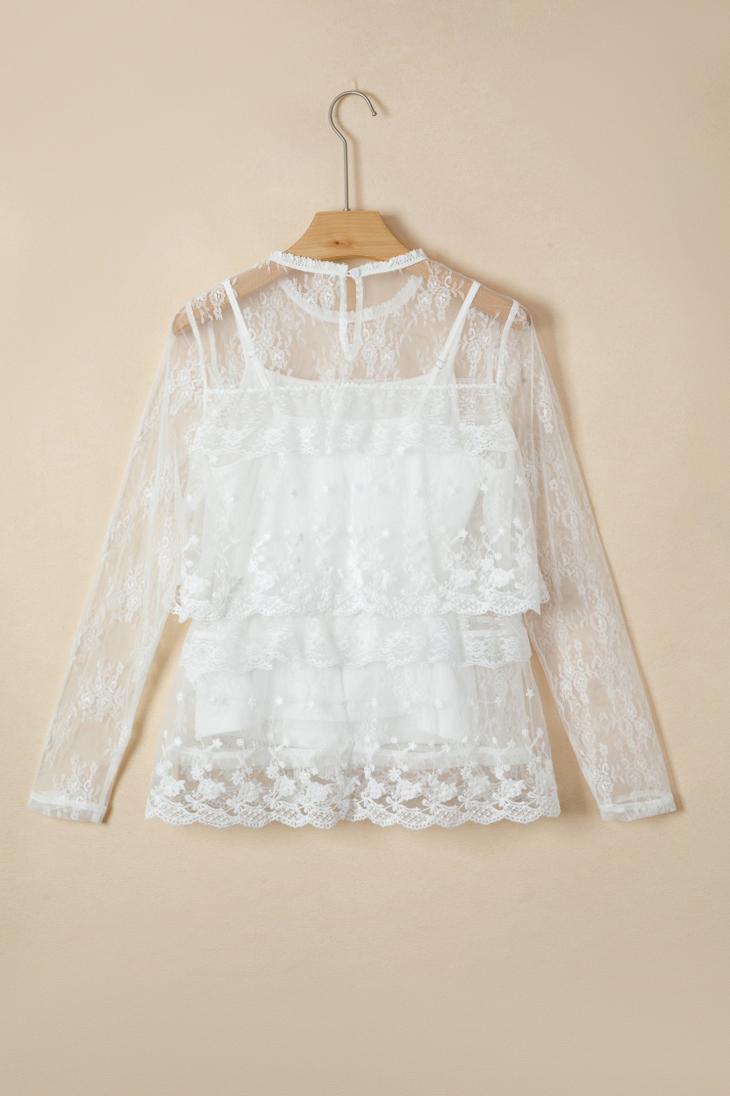 Sheer Floral Lace Ruffle Tiered Blouse & Cami