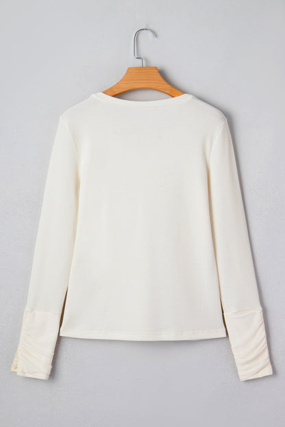 Lace Trim Ruched Long Sleeve V-Neck Thermal Top