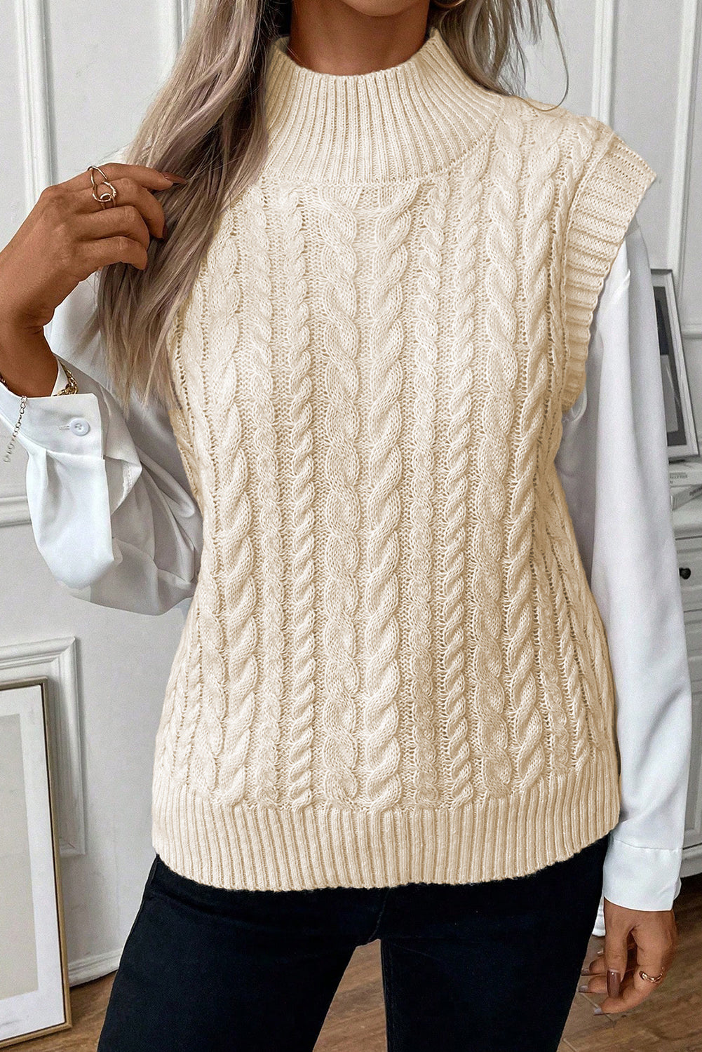 Cable High Neck Sweater Top