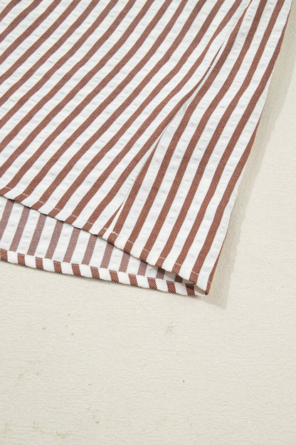 Stripe Collared V-Neck Bubble Sleeve Blouse