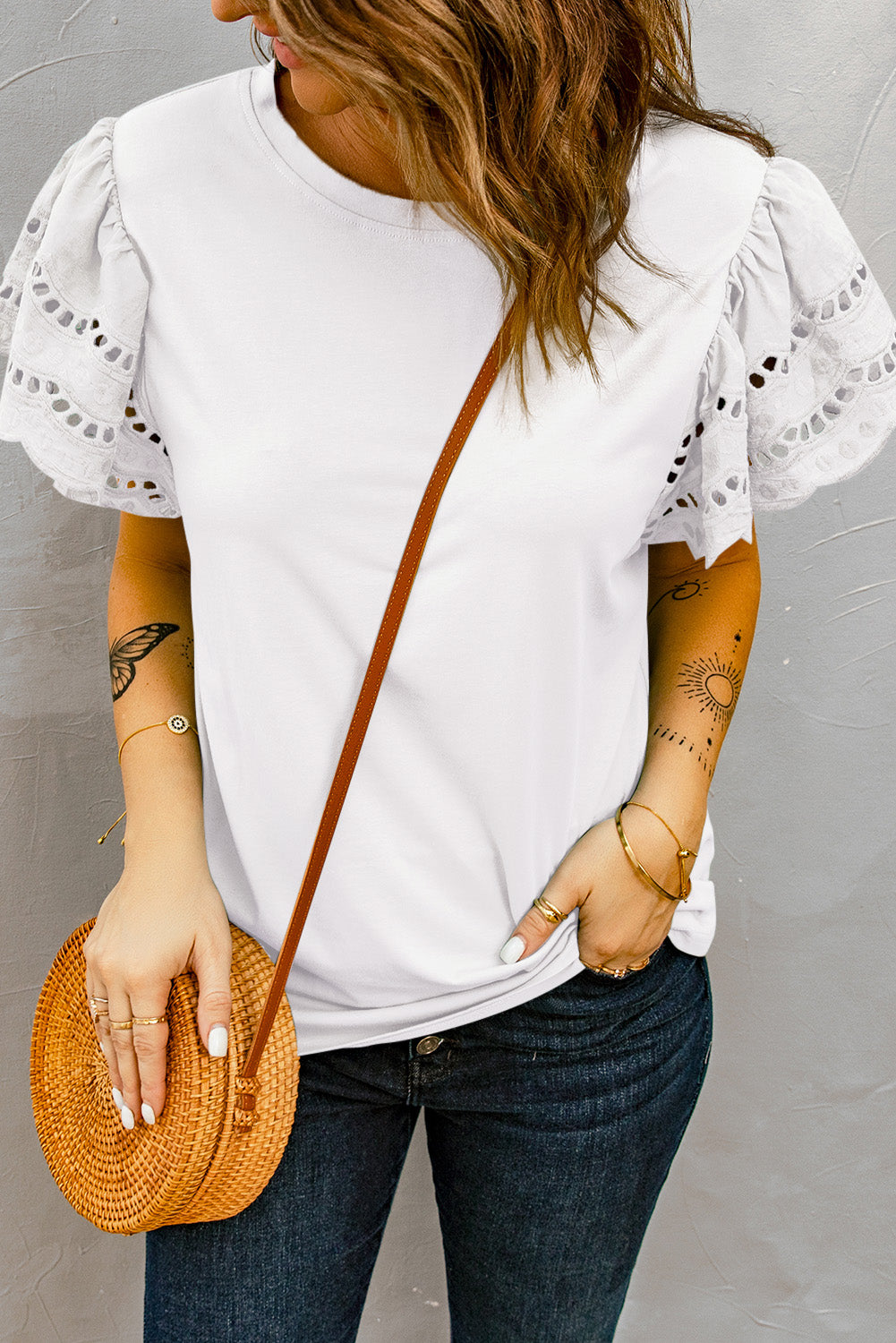 Eyelet Ruffle Short Sleeve T-Shirt