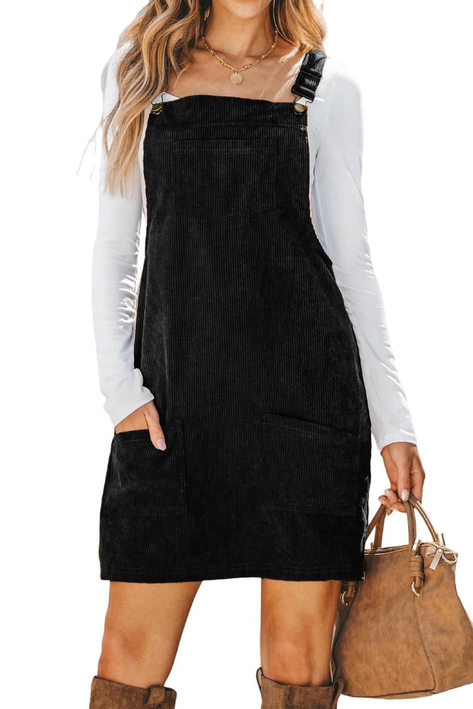 Solid Corduroy Sleeveless Overall Dress