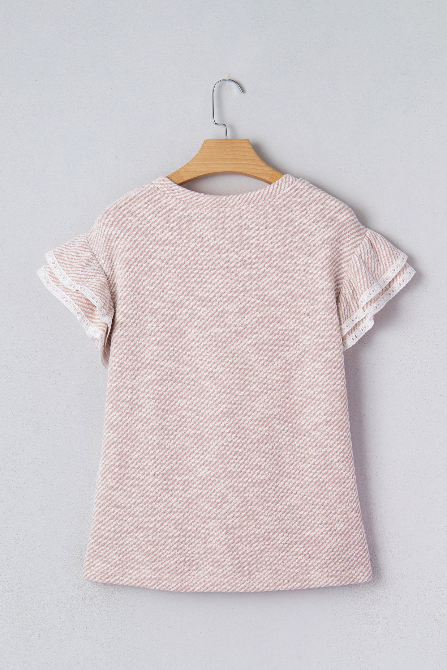 Stripe Lace Ruffle Short Sleeve Twill Blouse