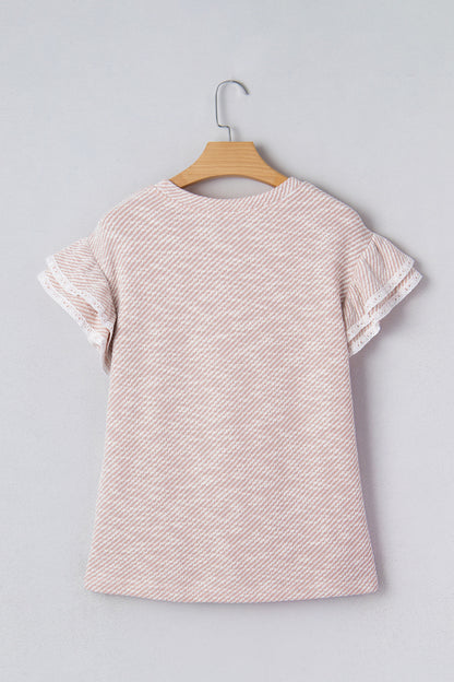 Stripe Lace Ruffle Short Sleeve Twill Blouse