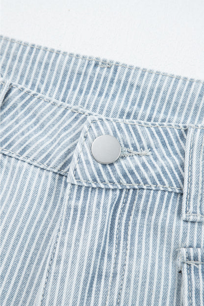 Stripe Denim Button Flap Pocket Cuffed Hem Jeans