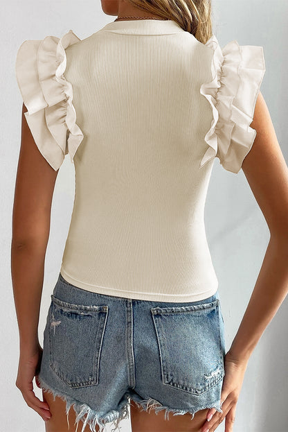 Ribbed Mock Neck Ruffle Blouse