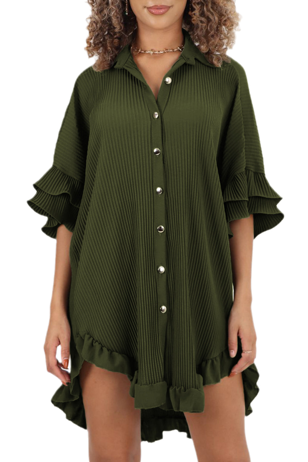 Pleated Ruffle Sleeve Shirt Dress