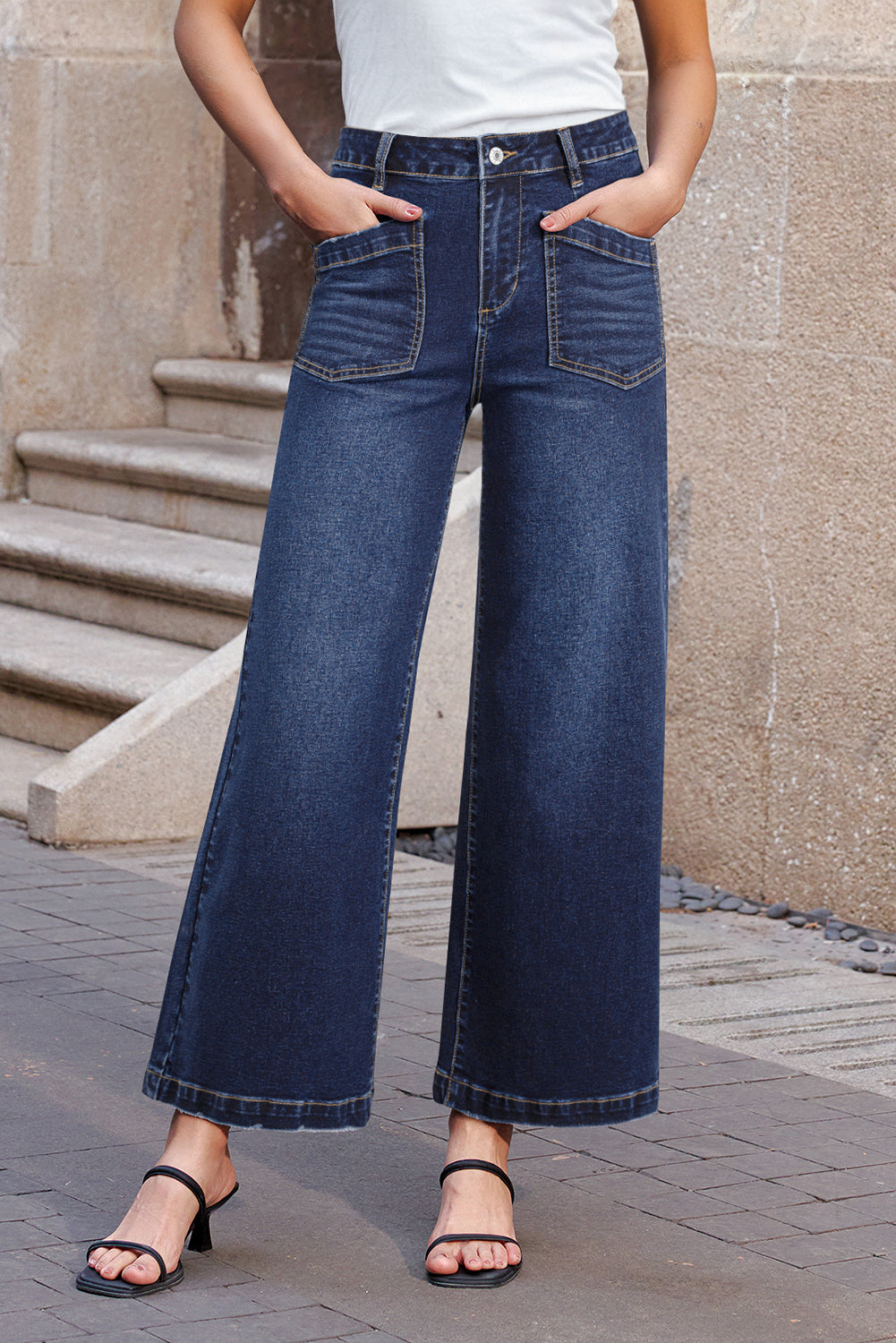 Denim High Waist Patch Pocket Straight Leg Jeans