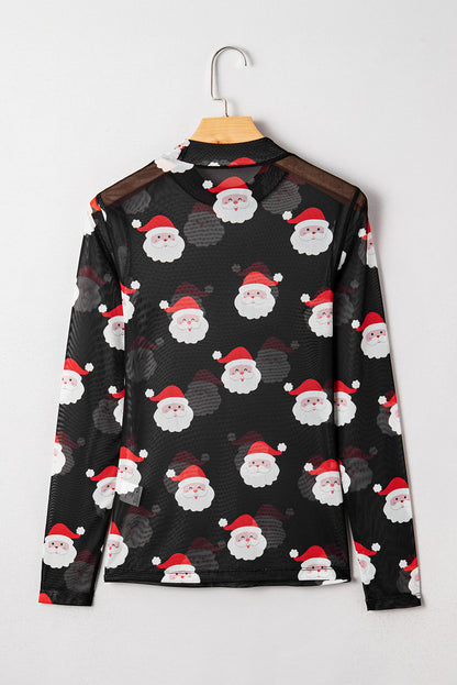 Santa Christmas Mesh Long Sleeve Top