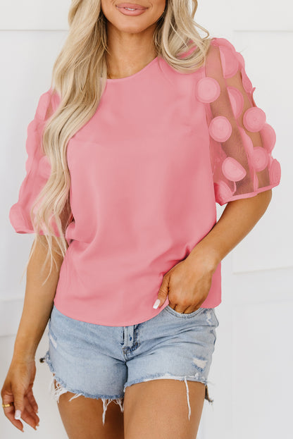 Dotted Applique Mesh Sleeve Blouse