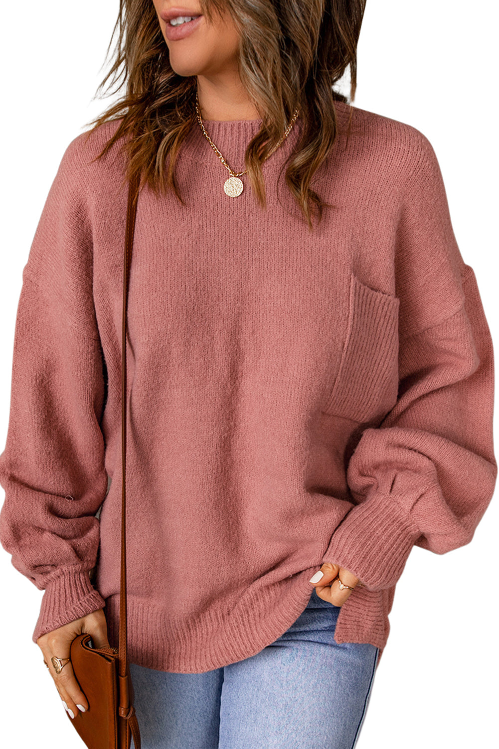 Puff Sleeve Pocketed Crewneck Sweater