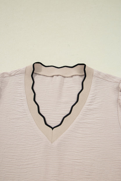 Contrast Trim Scallop V-Neck Long Sleeve Blouse