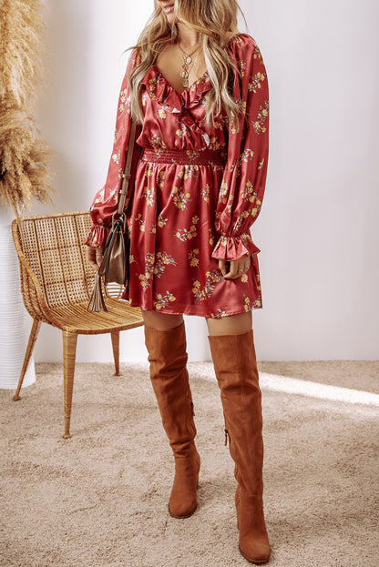 Floral Ruffle V-Neck Mini Dress