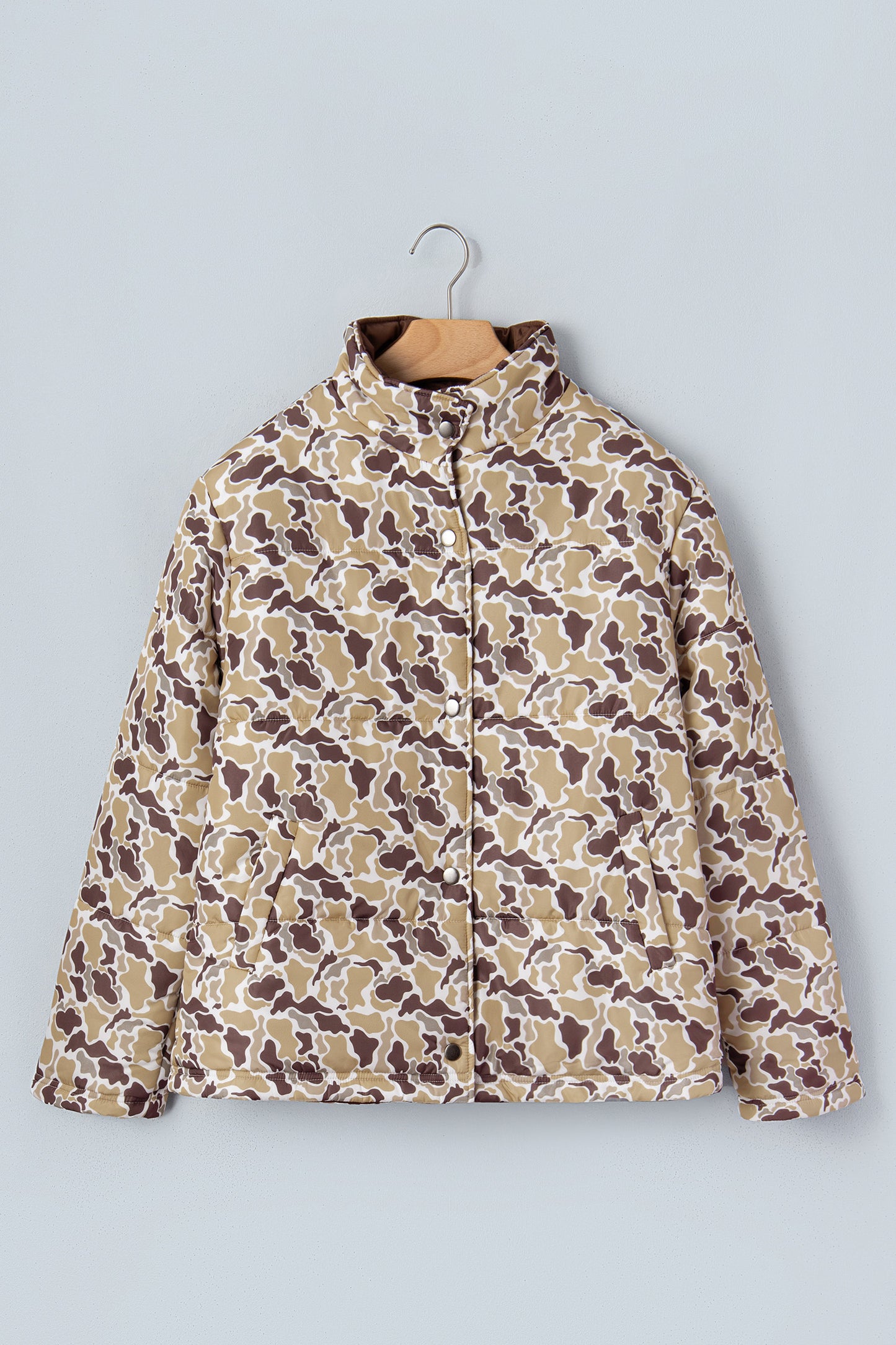 Camo Quilted Button Collar Long Sleeve Puffer Coat