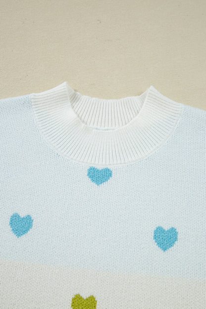Colorblock Heart Mock Neck Drop Shoulder Sweater