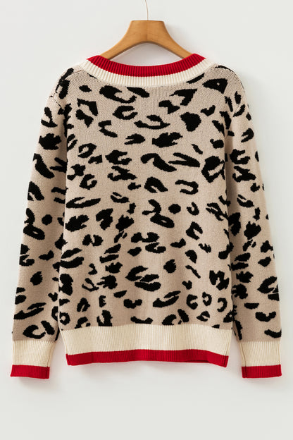 Leopard Contrast Stripe Ribbed Knit V-Neck Sweater