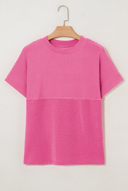 Solid Corded Knit Mock Neck T-Shirt