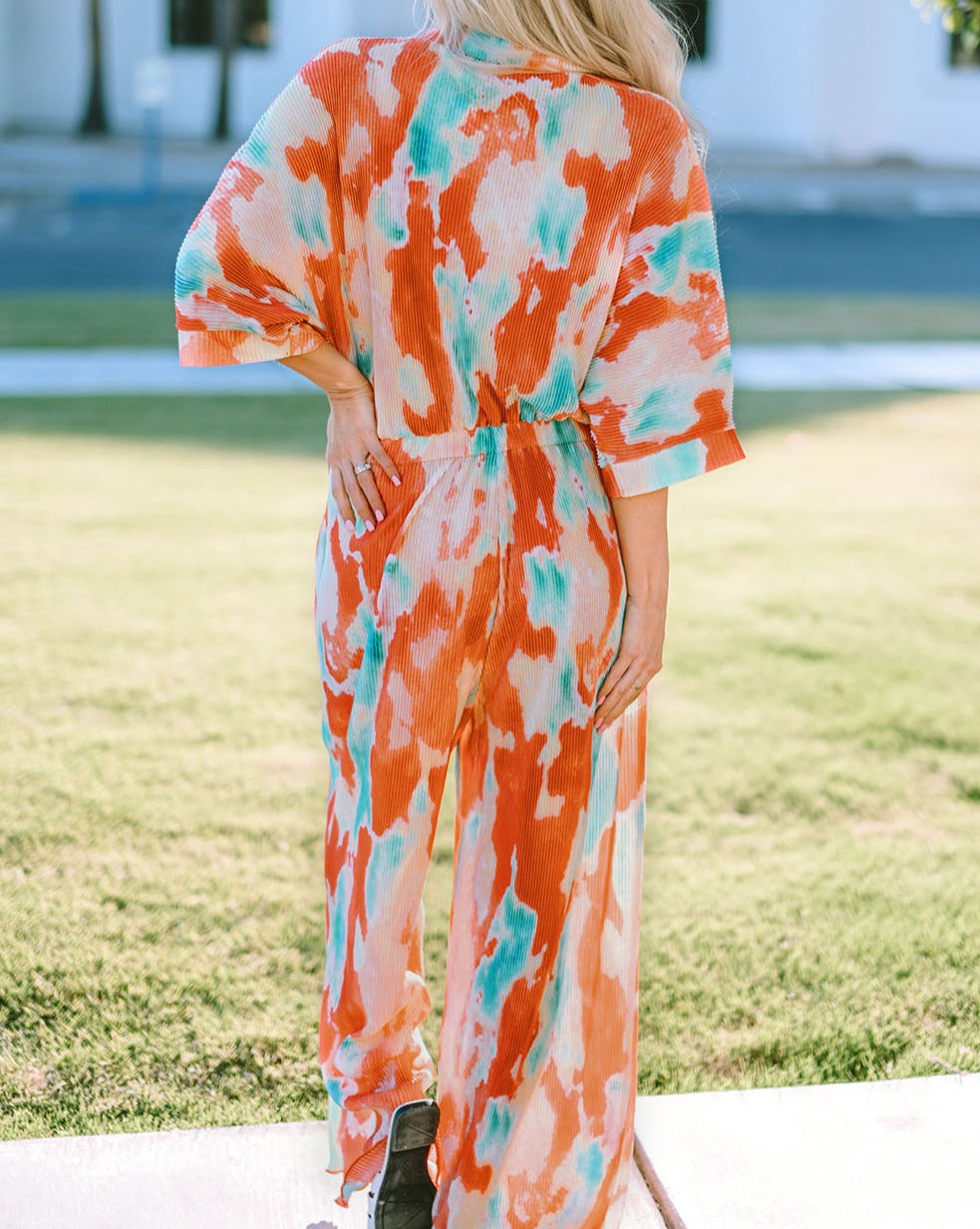 Tie-Dye Pleated Collared Jumpsuit