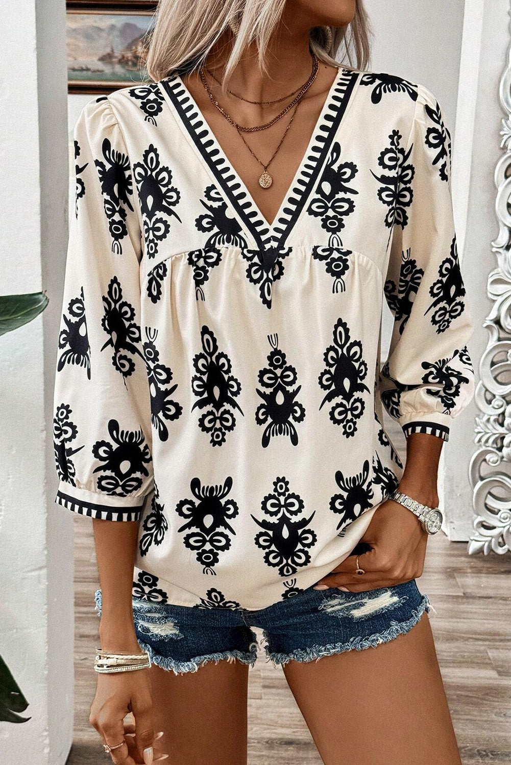 Geometric 3/4 Sleeve V-Neck Blouse