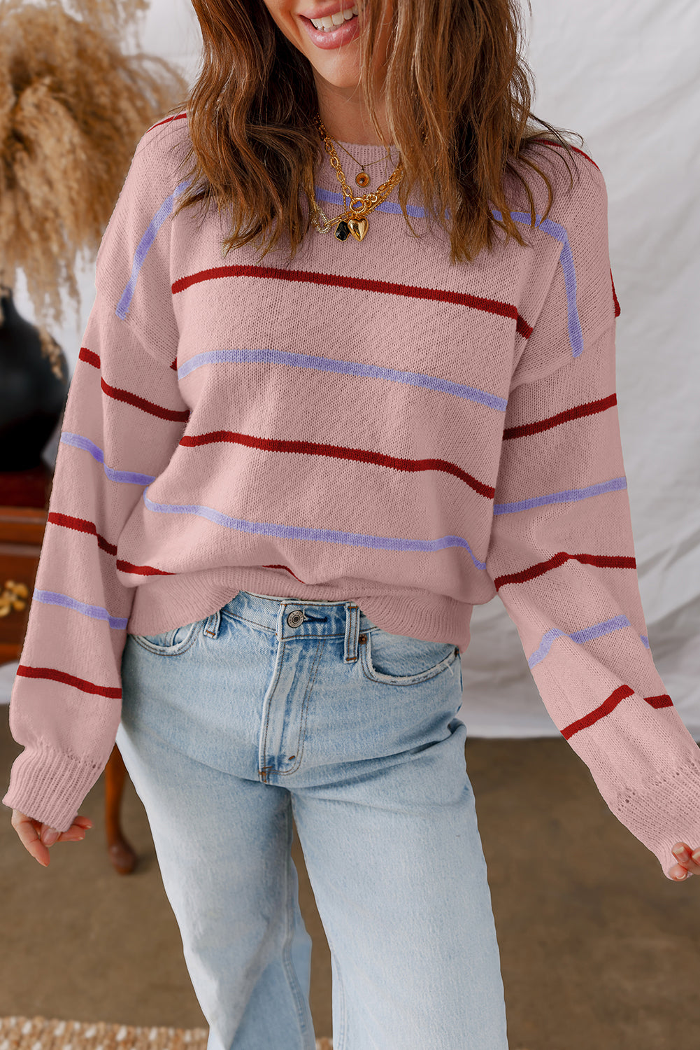 Stripe Ribbed Trim Drop Shoulder Sweater