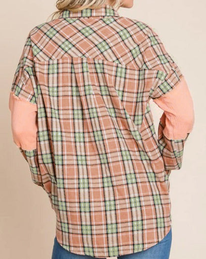 Plaid Crinkle Patchwork Buttoned Shirt