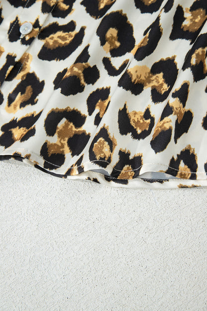 Leopard Ruffle Trim 3/4 Sleeve Buttoned Shirt