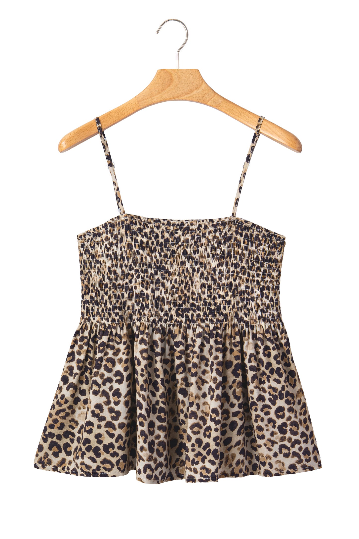 Leopard Shirred Ruffle Spaghetti Strap Tank Top