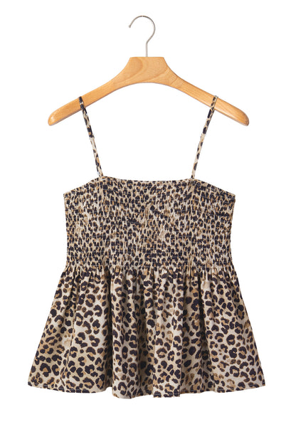 Leopard Shirred Ruffle Spaghetti Strap Tank Top